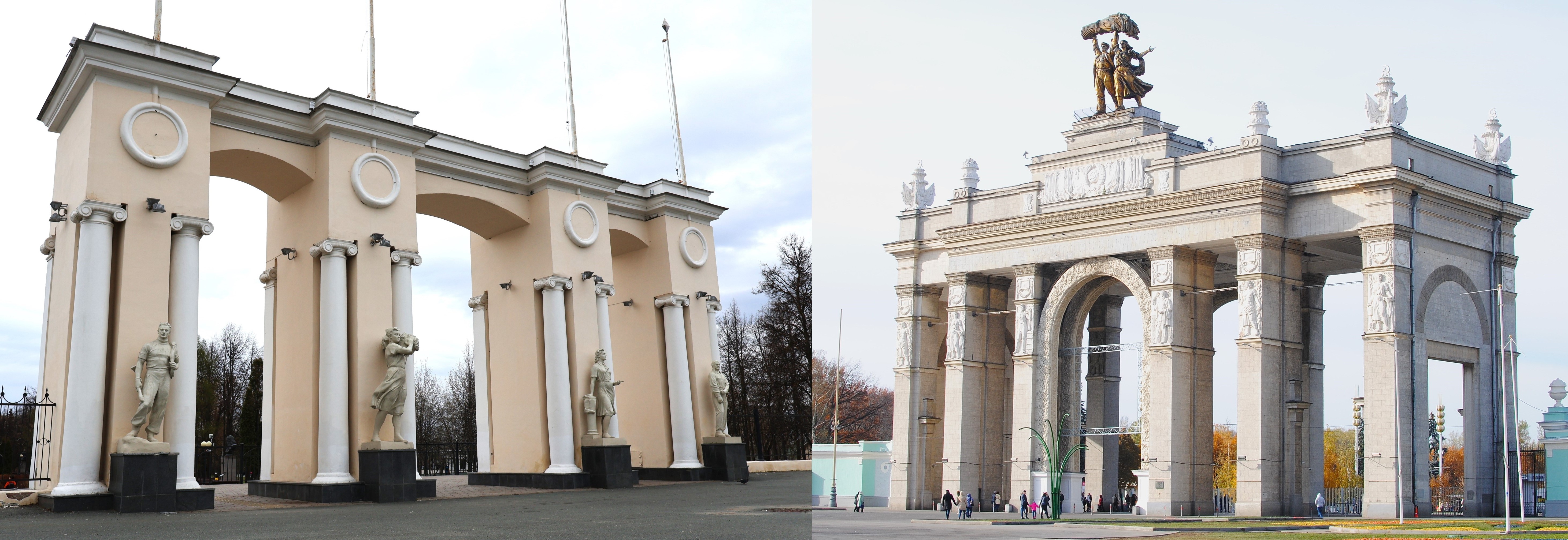 Входные группы парка «Крылья Советов» в Казани и ВДНХ в Москве выполнены в стиле сталинского ампира. Фотоколлаж: Дмитрий Сивков