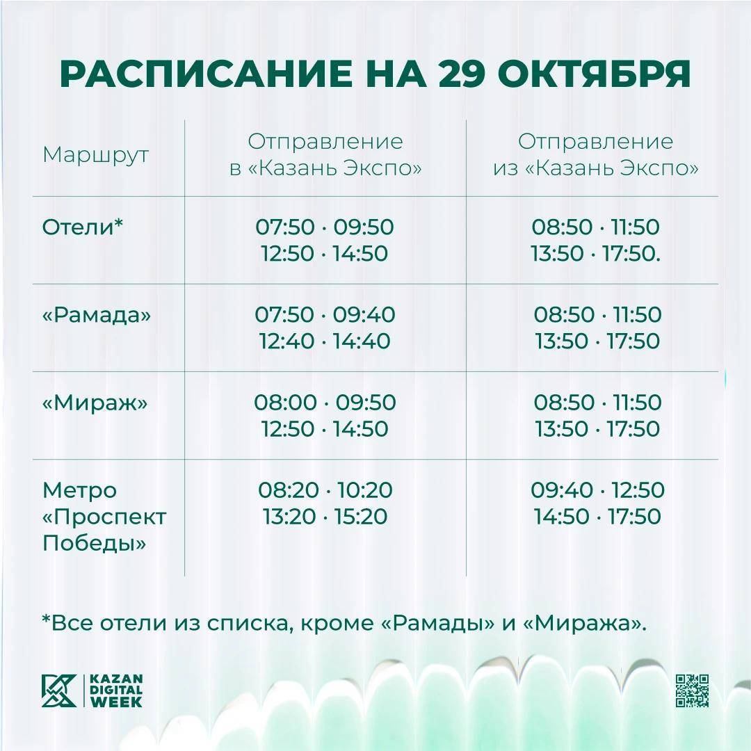 расписание движения шаттлов форума Kazan Digital Week 2026 на 29 октября 2026 года 