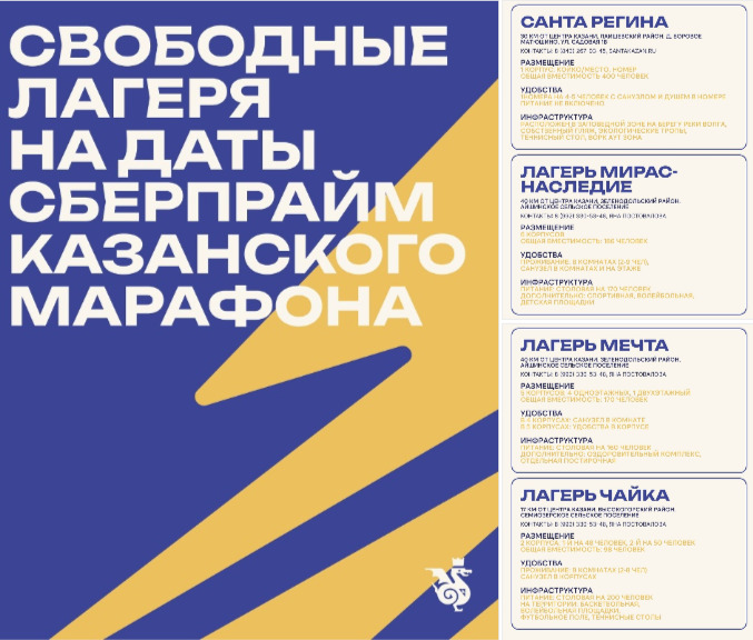 Помимо отелей и хостелов для участников СберПрайм Казанского марафона есть формат загородного проживания, есть варианты размещения в лагерях в пригородах Казани. Это для тех, кому важны не городской ритм и близость к центру, а тишина, пространство и возможность выдохнуть до или после старта. Скрин с сайта kazan.run